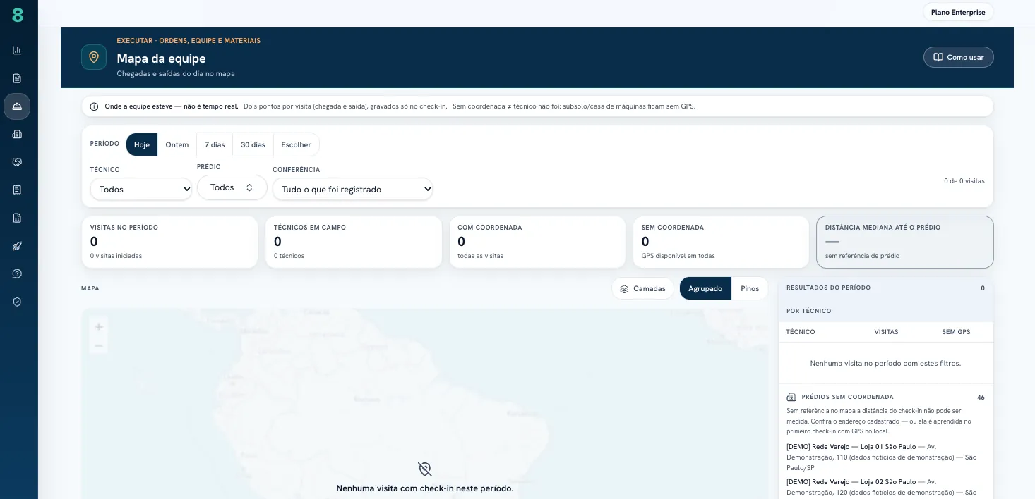 Mapa da equipe: chegadas e saídas registradas no check-in