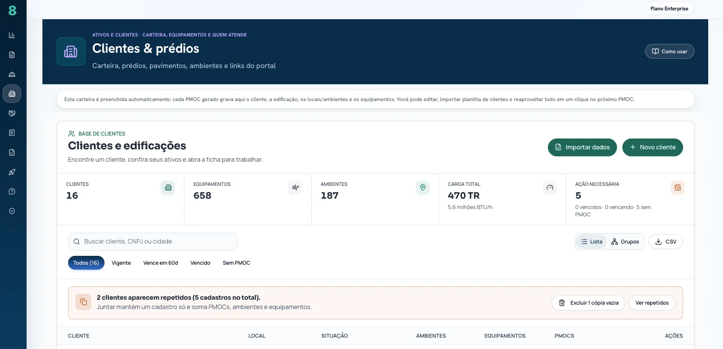 Clientes & prédios: carteira, unidades e links do portal