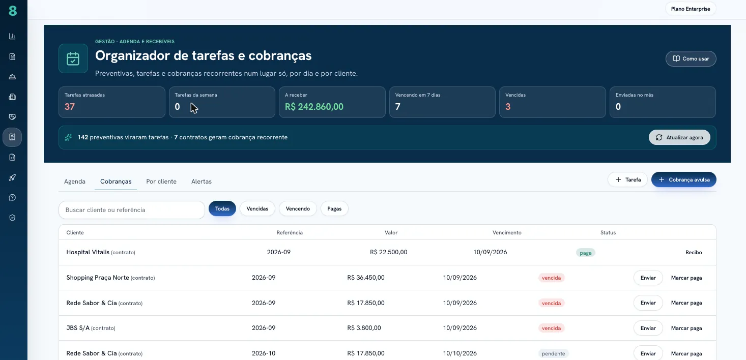 Cobranças e recebíveis: valores, vencimentos e envios