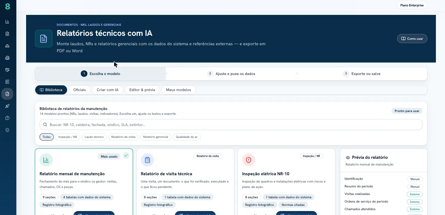 Relatórios: biblioteca de laudos, NRs e gerenciais