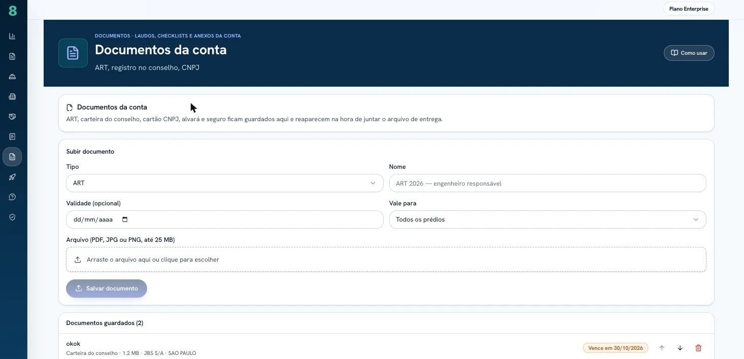 Documentos da conta: ART, conselho e CNPJ com validade