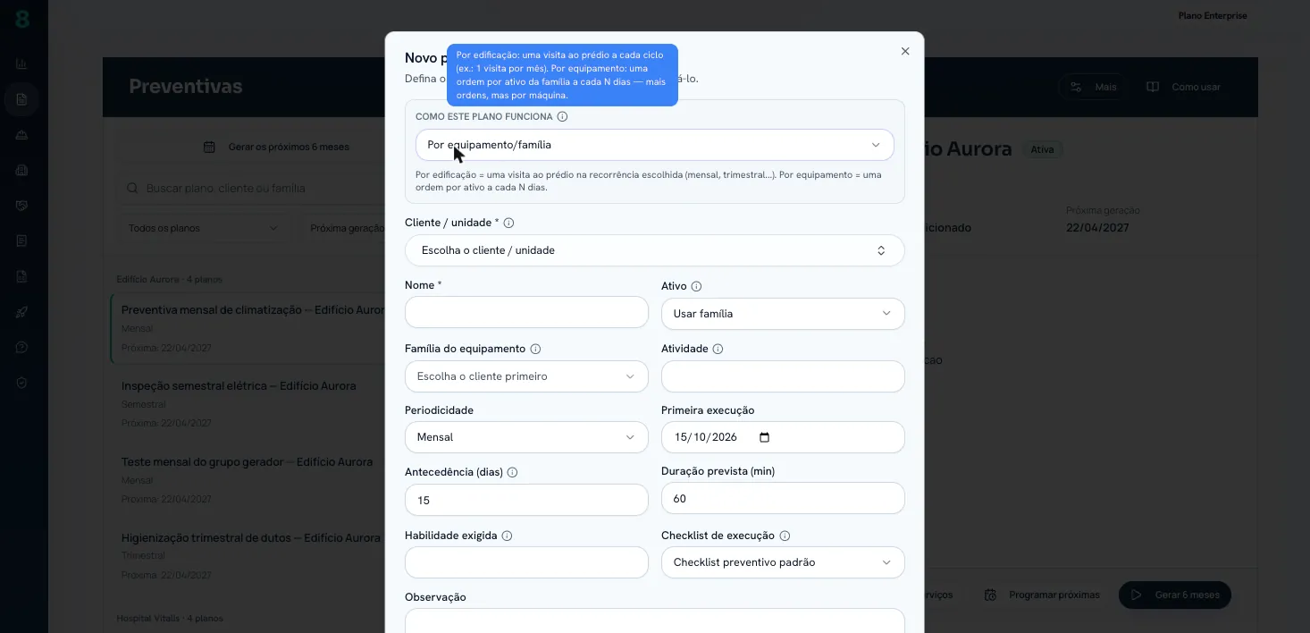 Novo plano preventivo: cliente, edificação, periodicidade e checklist