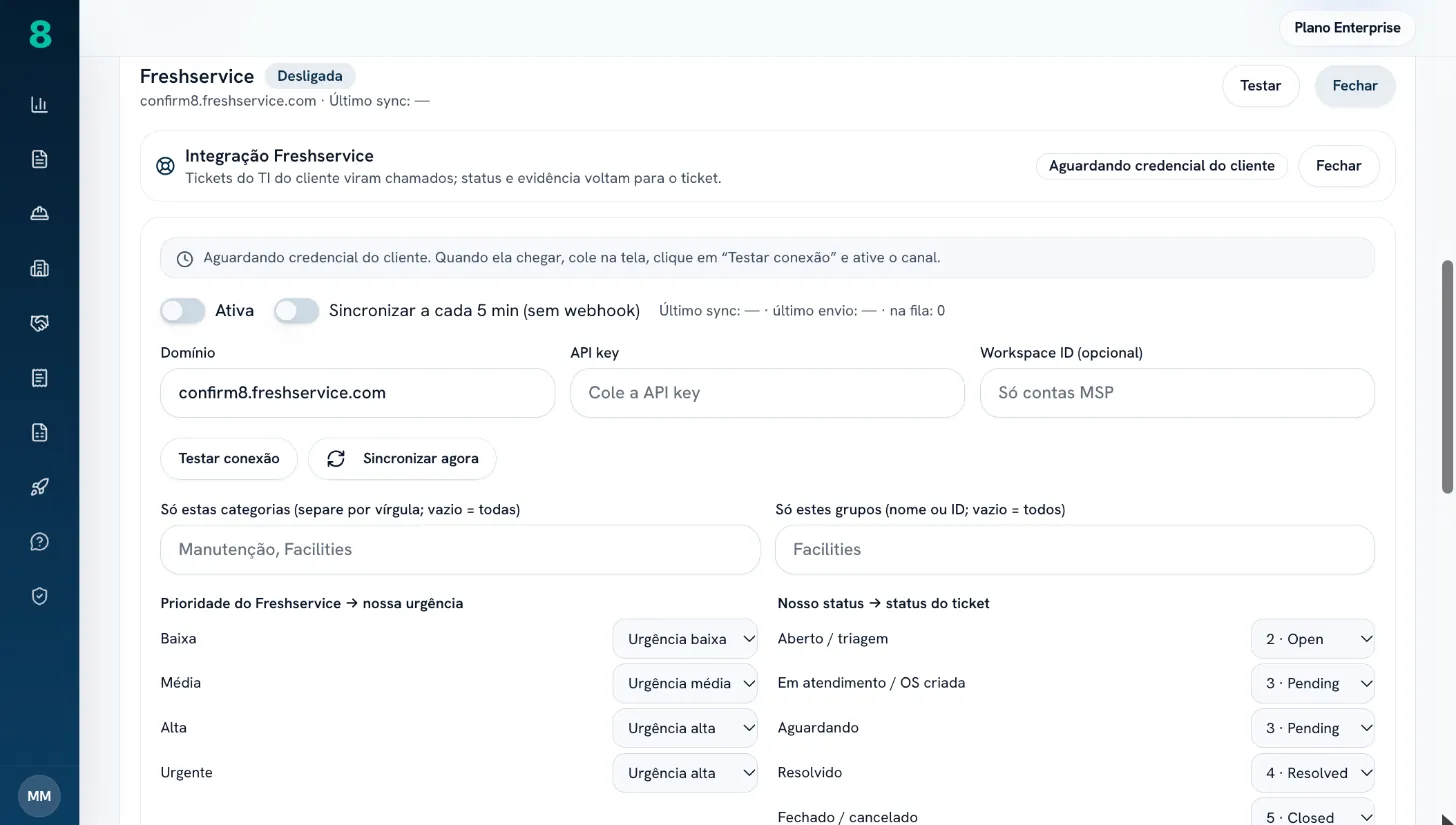Freshservice: domínio, API key, filtros e mapa de prioridade e status