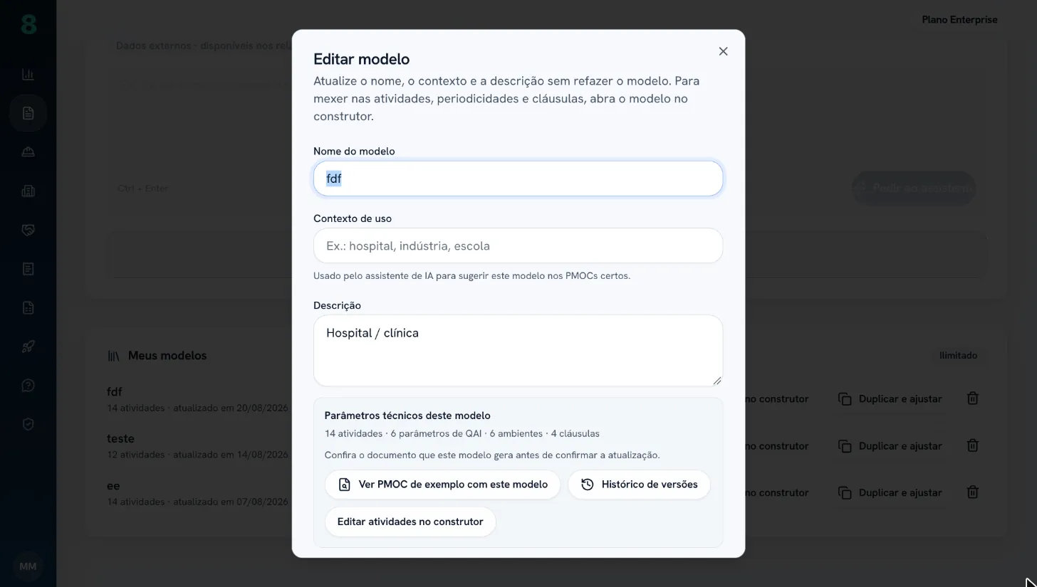 Editar modelo: nome, contexto, PMOC de exemplo e histórico de versões