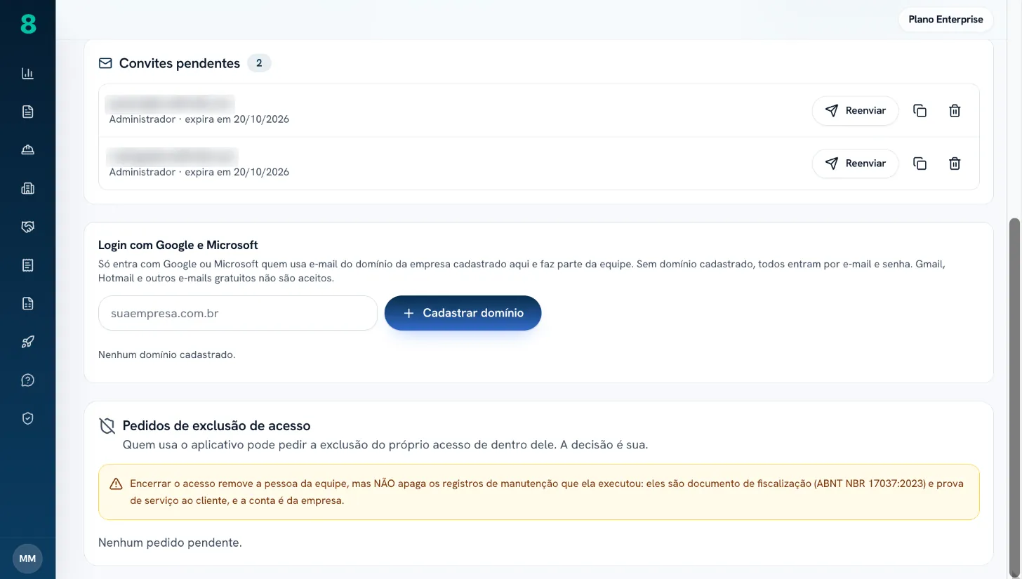 Configurações de acesso: convites, login por domínio e pedidos de exclusão