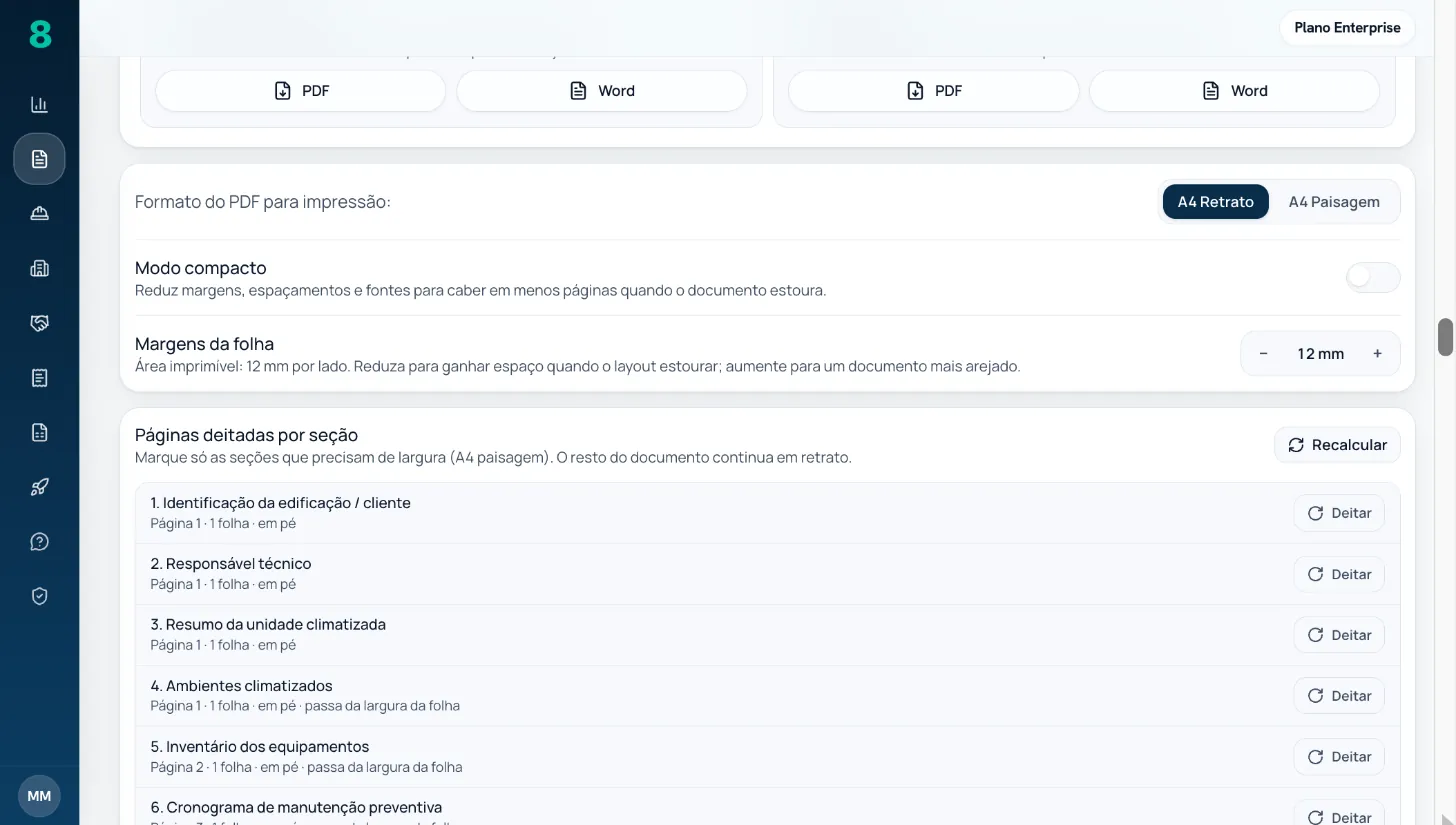 Formato do PDF e páginas deitadas por seção