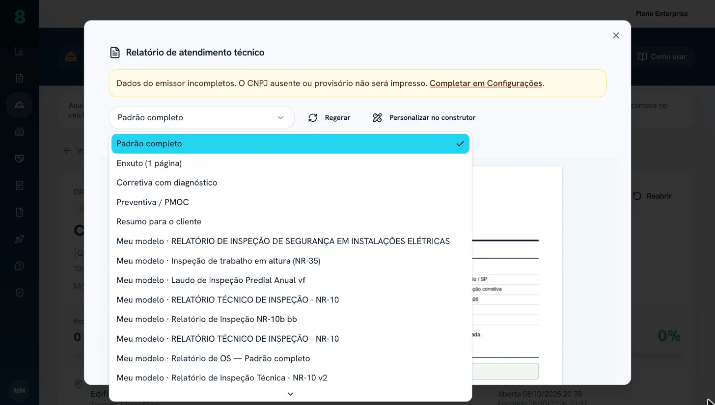 Relatório da OS: escolha o modelo (completo, enxuto, corretiva, preventiva, resumo ou seus)